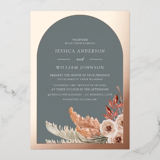 Invitation En Aluminium Boho moderne Floral Bohème Mariage Rose or (Recto)