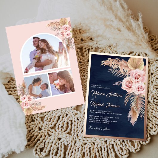Invitation En Aluminium Boho Pampas Marine bleu Dusty Mariage rose Rose or