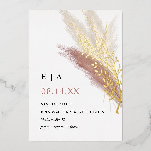 Invitation En Aluminium Boho Pampas or rose Real Gold Foil Enregistrer la  (Recto)