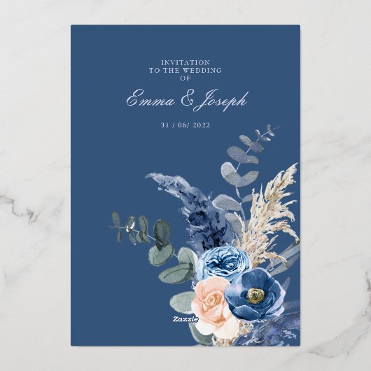 Invitation En Aluminium Boho pastel bleu & brush choral Mariage (Verso)