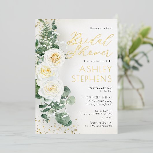 Invitation En Aluminium Boho Rose florale blanche | Fête des mariées Eucal (Debout devant)