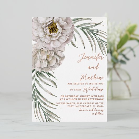 Invitation En Aluminium Boho Rose Gold Script Tropical Floral Wedding (Debout devant)