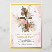 Invitation En Aluminium Boho rose pâle Pampas Bois Croix Baptême (Recto)