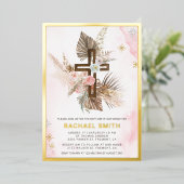 Invitation En Aluminium Boho rose pâle Pampas Bois Croix Baptême (Debout devant)