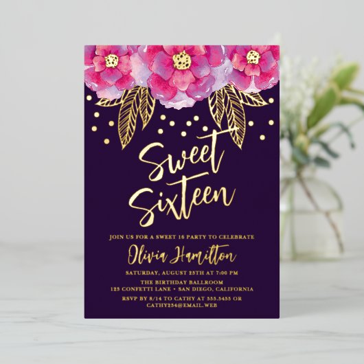 Invitation En Aluminium Boho rose violet Fleurs Douces 16 (Debout devant)