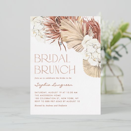 Invitation En Aluminium Boho séché Palm Feuilles et orchidées Brunch nupti (Debout devant)