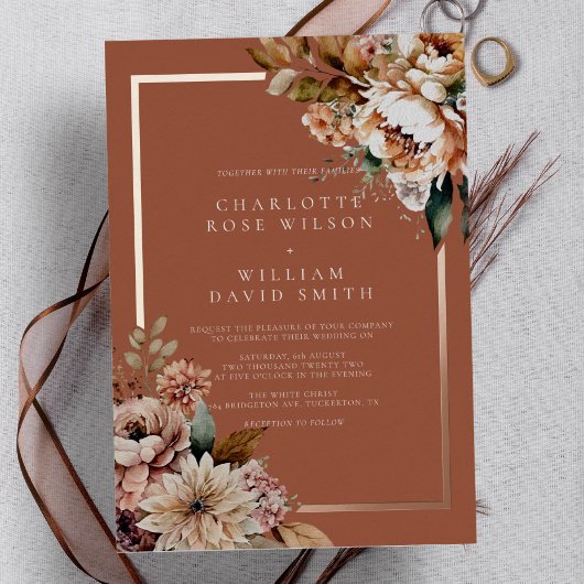 Invitation En Aluminium Boho Terracotta Aquarelle Fleurs Mariage d'automne