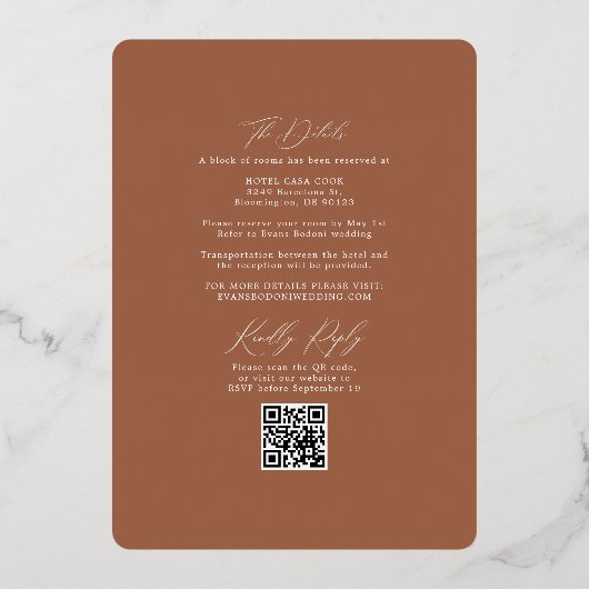 Invitation En Aluminium Boho Terracotta rouille Mariage Arch & RSVP QR Cod (Verso)