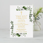 Invitation En Aluminium Boho Vert Floral Première Communion Sainte Or (Debout devant)