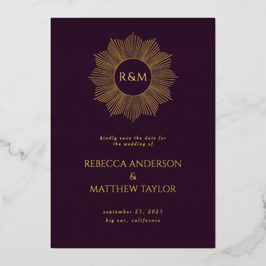 Invitation En Aluminium Boho violet Celestial Sun Monogramme Date de sauve (Recto)