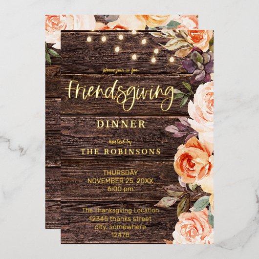 Invitation En Aluminium Bois rose & Pêche Floral avec/ Lumières Amical (Recto/Verso)