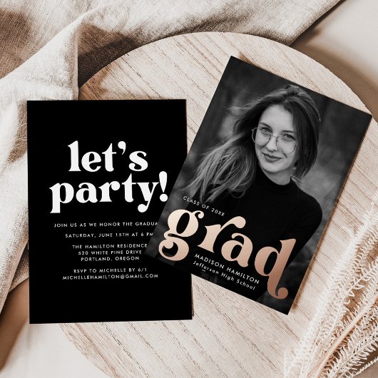 Invitation En Aluminium Bold Rose Gold Typography Photo Graduation Party