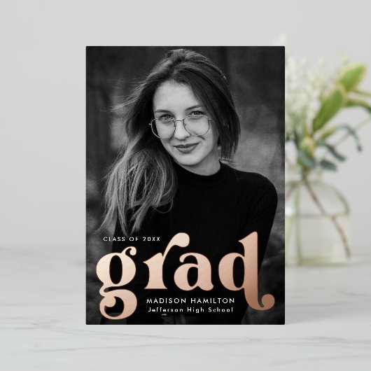Invitation En Aluminium Bold Rose Gold Typography Photo Graduation Party (Debout devant)