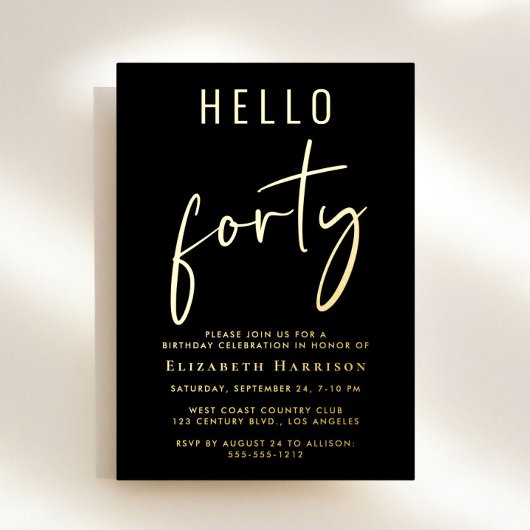 Invitation En Aluminium Bonjour 40 Chic Script 40e fête d'anniversaire