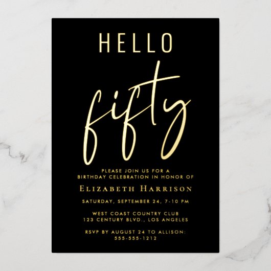 Invitation En Aluminium Bonjour 50 Chic Script 50e fête d'anniversaire (Recto)