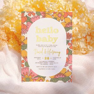 Invitation En Aluminium Bonjour Bébé Floral Rétro Groovy Shower de Bébé