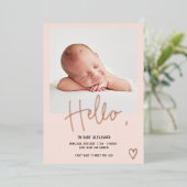 Invitation En Aluminium Bonjour script de coeur photo blush mignon bébé na (Debout devant)