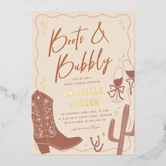 Invitation En Aluminium Boots et Fête des mariées Bubbly (Recto)