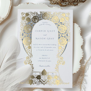 Invitation En Aluminium Bordure baroque florale bleue peinte à la main