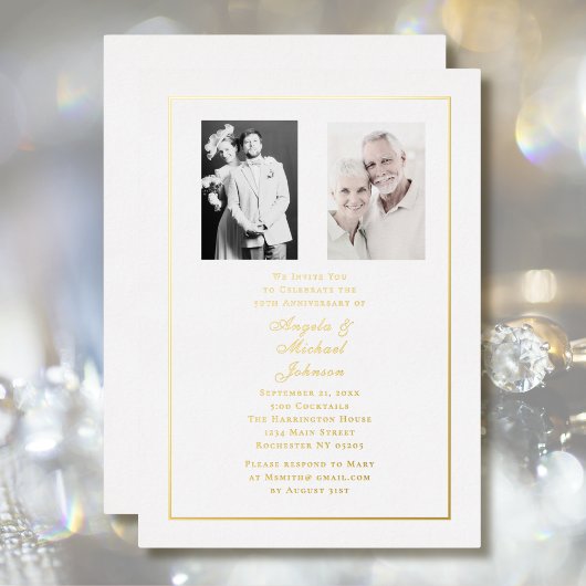 Invitation En Aluminium Bordure blanche en or 50e anniversaire Chic