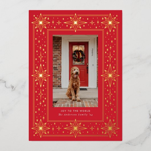 Invitation En Aluminium Bordure d'étoile géométrique or et rouge Noël Phot (Devant)