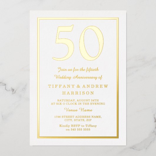 Invitation En Aluminium Bordure d'or 50e anniversaire Mariage Or (Recto)