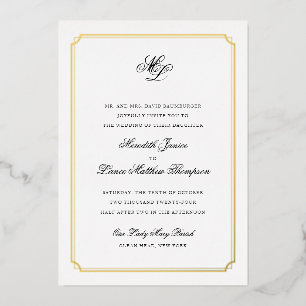 Invitation En Aluminium Bordure d'or Mariage Monogramme noir et or