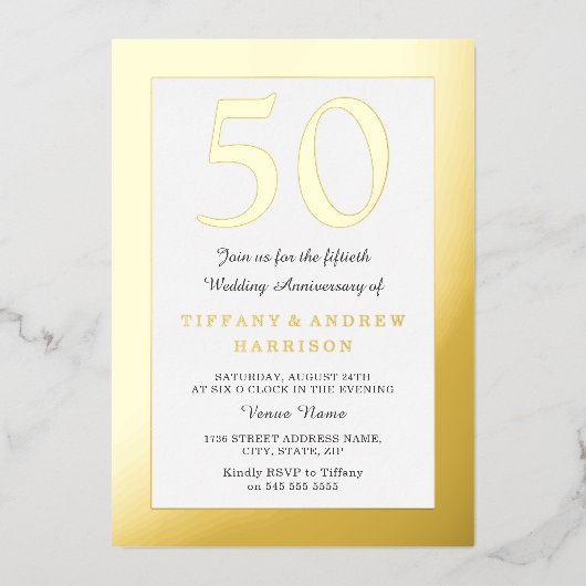 Invitation En Aluminium Bordure en relief doré 50e anniversaire de mariage (Recto)
