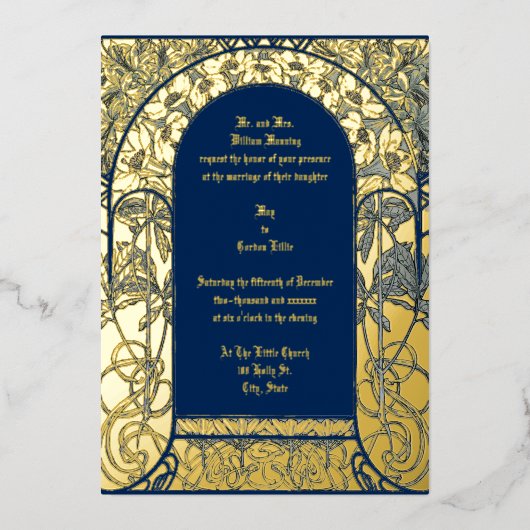 Invitation En Aluminium Bordure florale jaune Art Nouveau par Alphonse Muc (Recto)