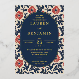 Invitation En Aluminium Bordure Florale Navy Élégante
