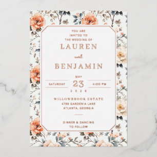 Invitation En Aluminium Bordure Florale Vintage Pêche Romantique