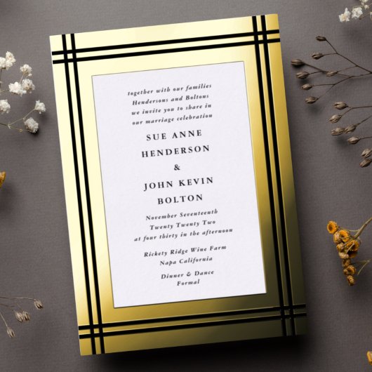 Invitation En Aluminium Bordure Onyx | Yellow Real Gold Mariage