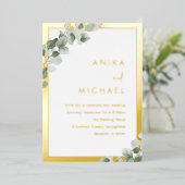 Invitation En Aluminium Bordure or Mariage feuille verte Sage (Debout devant)