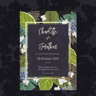 Invitation En Aluminium Botanical Leaf and Hydrangea Petals Save The Date