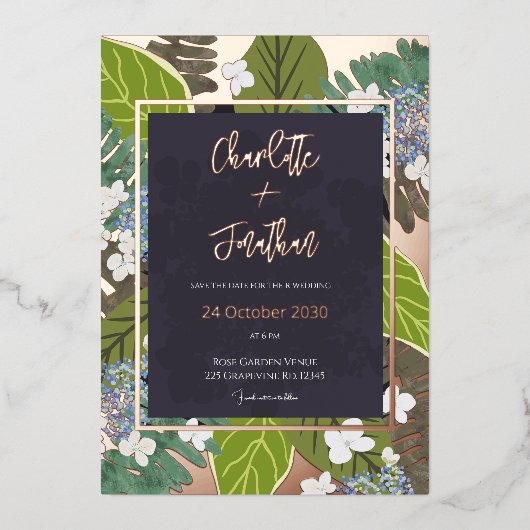 Invitation En Aluminium Botanical Leaf and Hydrangea Petals Save The Date (Recto)