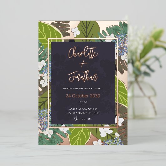 Invitation En Aluminium Botanical Leaf and Hydrangea Petals Save The Date (Debout devant)