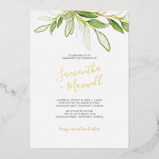 Invitation En Aluminium Botanique Feuille Watercolo Mariage Foil Invitatio (Recto)