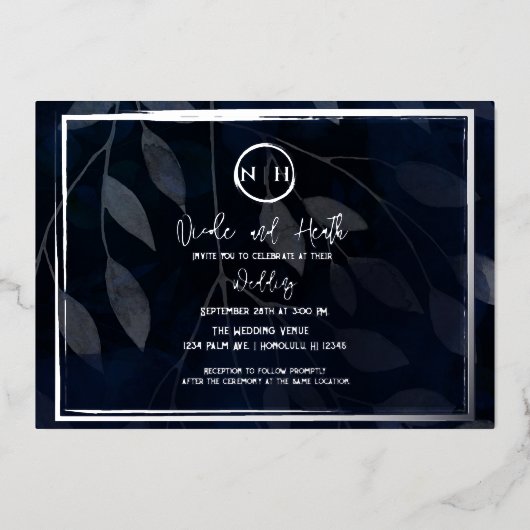 Invitation En Aluminium Botanique foncé Elégant Marine Bleu & Mariage Arge (Recto)