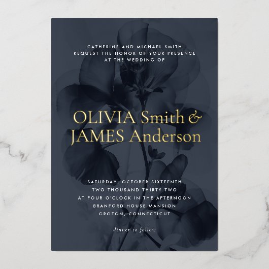 Invitation En Aluminium Botanique Moody foncé superposition Mariage bleu o (Recto)