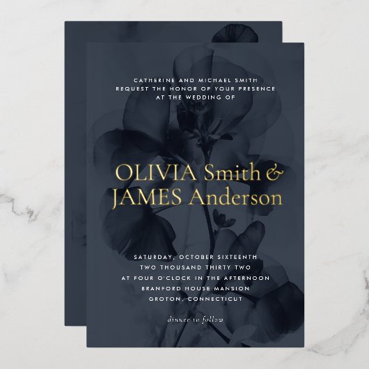 Invitation En Aluminium Botanique Moody foncé superposition Mariage bleu o (Recto/Verso)