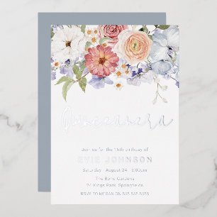 Invitation En Aluminium Botanique Quinceanera Fête Dusty Blue Argent