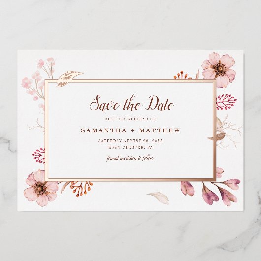 Invitation En Aluminium Botanique rose florale Enregistrer la date Mariage (Recto)