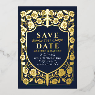 Invitation En Aluminium Bouclier d'épée bleu Monogramme médiéval Date de s