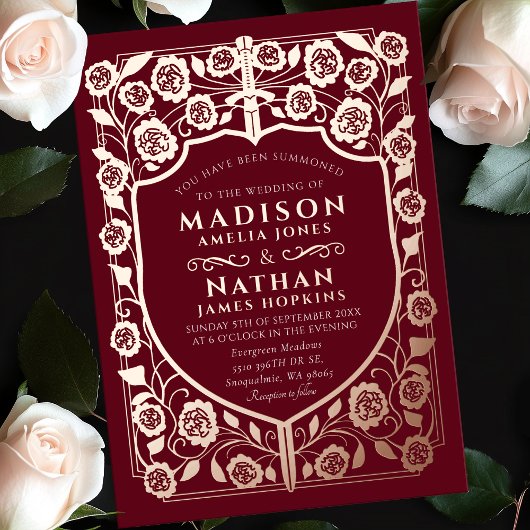 Invitation En Aluminium Bouclier Épée Rouge Monogramme Médiéval Mariage