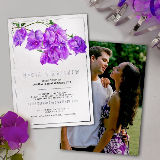 Invitation En Aluminium Bougainvillea argent violet mariage d'aquarelle