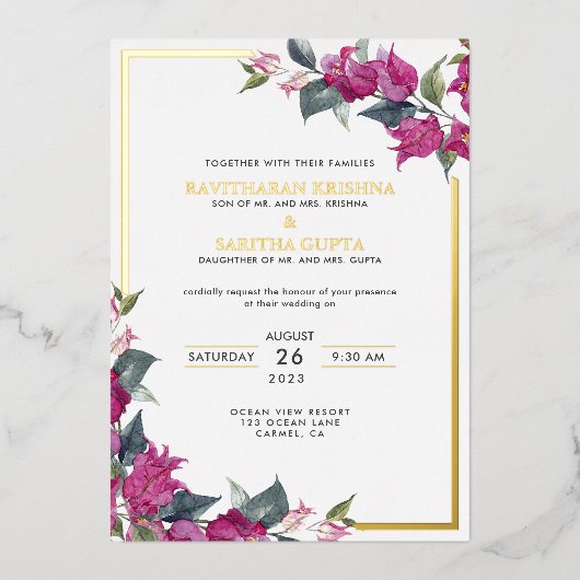 Invitation En Aluminium Bougainvillea Bourgogne Mariage rose (Recto)