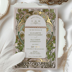 Invitation En Aluminium Bougainvillée Vert Or Mariage Art Nouveau Mucha