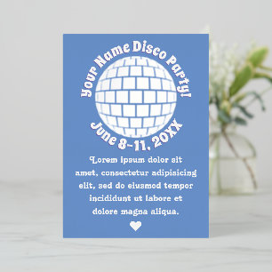 Invitation En Aluminium Boule de disco rétro bleue PERSONALISÉE Argent