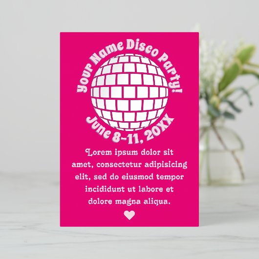 Invitation En Aluminium Boule Disco Rose Retro PERSONNALISÉ Argent (Debout devant)