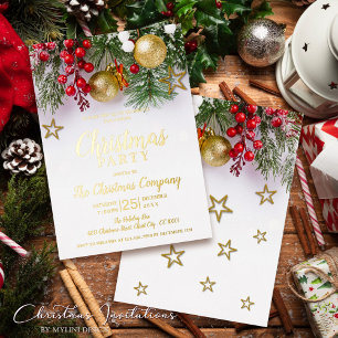 Invitation En Aluminium Boules dorées Baies de houx Étoiles Fête de Noël